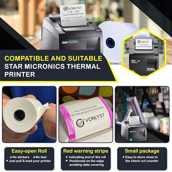 Receipt Paper Roll 3 1/8 x 230 for Square Register and Square POS System connected to Star Micronics Thermal Printer (Pack 06 rolls)