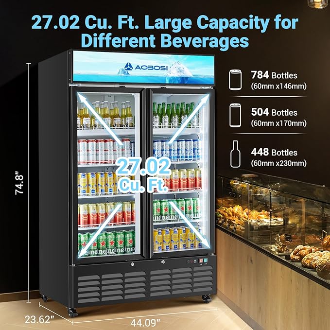 AAOBOSI Commercial Merchandiser Refrigerator,27.02 Cu.Ft Glass Door Display Refrigerator,Upright Beverage Cooler Fridge with Soft LED Light, Customizable Lightbox,Universal Casters,Adjustable Shelves