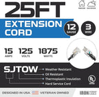 Iron Forge Cable 12 Gauge Outdoor Extension Cord 25 Ft, SJTOW 12/3 Heavy Duty Extension Cord 3 Prong, Oil Resistant & Flame Retardant - Lighted End