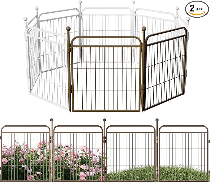 Decorative Garden Fence 24in(H) x44in(L), Thicken 2 Panels Metal No Dig Outdoor Dog Fence for Yard,Heavy Duty Animal Barrier for Dog and Rabbit, Garden Border Fence, Brown