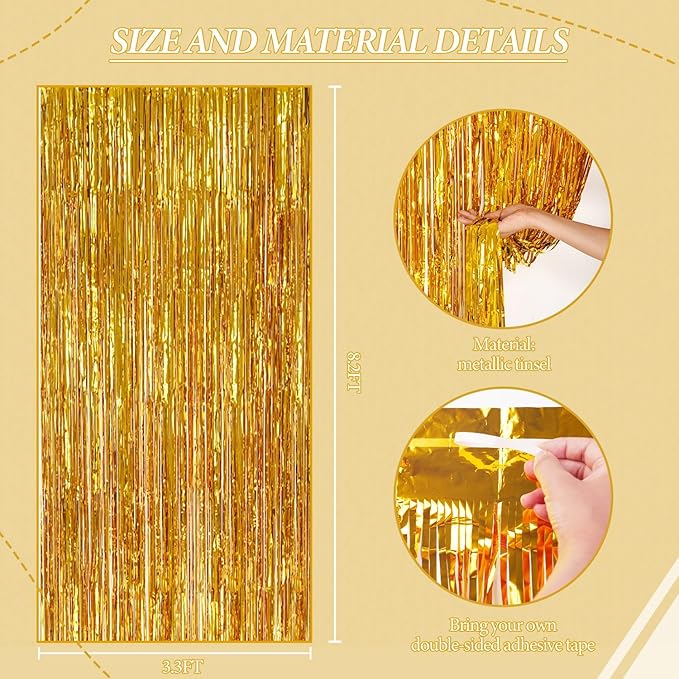 3 Pack Foil Fringe Backdrop - Gold Shiny Tinsel Curtains for Party Decoration/Photo Booth Props - 3.3x8.2 FT Metallic Foil Backdrop for Birthday, Wedding, Graduation, Christmas.