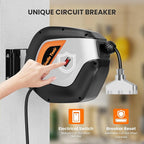 Giraffe Tools DE14 Retractable Extension Cord Reel 50 ft 14/3AWG Power Cord Storage Reel Wall/Ceiling Mount, Lighted Triple Tap Outlet, 50ft, Black Orange