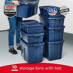 Rubbermaid Roughneck Tote Variety - |Made in the USA| Dark Indigo Metallic, Rugged Plastic Stackable Storage Tote with Lid and Handles (Pack of 10)