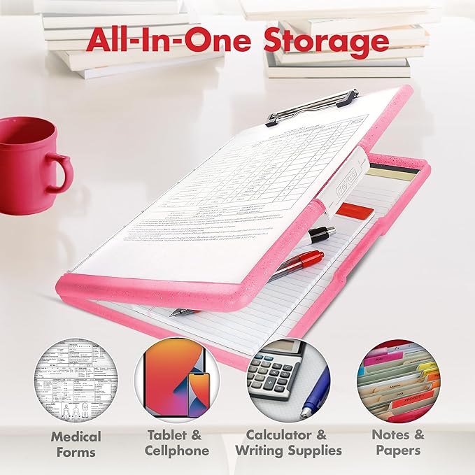 Dexas Slimcase 2 Plastic Clipboard with Storage and Side Opening, Pink Glitter, Office Supplies Clipboards to Organize, Carry and Store, A4 Holder, Style and Functionality Nursing Clipboards