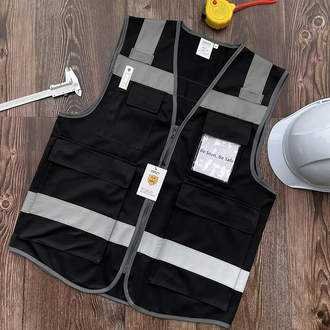 TCCFCCT High Visibility Vest 5 Pockets Reflective Safety Work Vest with High Reflective Strips, Meets ANSI/ISEA Standards, Black, XL
