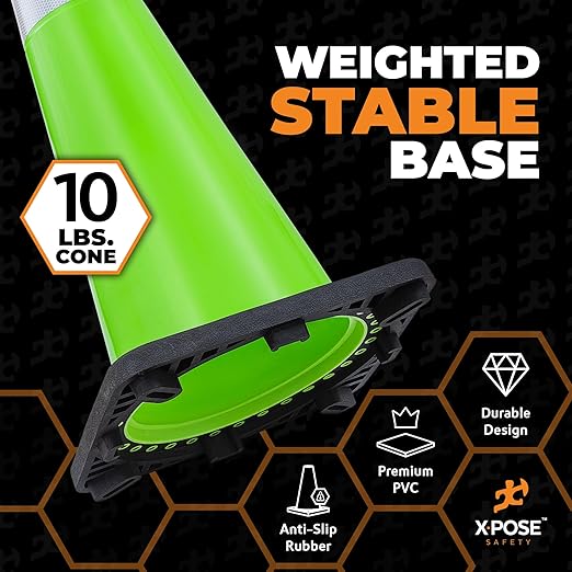 Xpose Safety 36” Lime Green Traffic Cone Dual 6" & 4" Reflective Collar – 12 Pack Multipurpose Premium PVC Safety Cone for Parking, Caution, Construction, Road Crews, Emergency Vehicle - DOT Approved