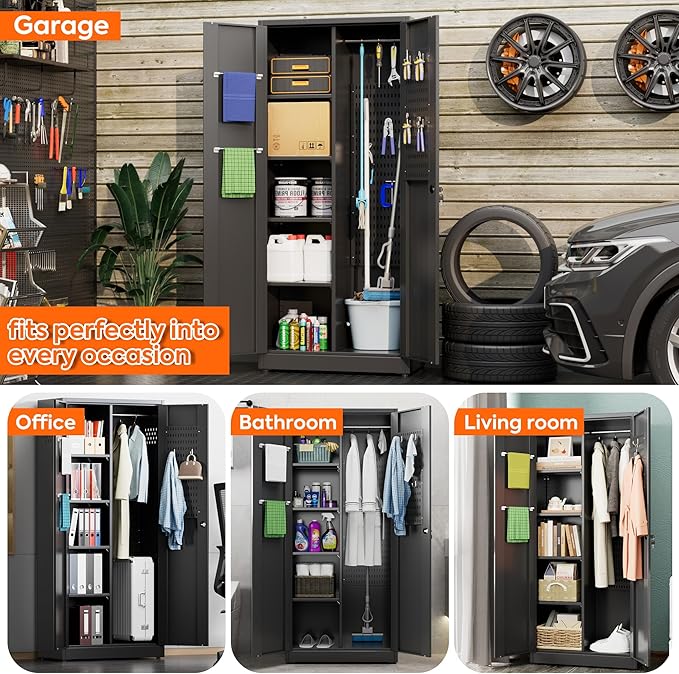 61.61" H Broom Closet Storage Cabinet with Towel Hangles and Adjustable Shelves,Metal Tool Cabinets with Pegboard and Hooks for Garage Laundry Room Home Office,Required Assembly,Black