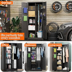 Broom Closet Storage Cabinet with 5 Pegboard, Hanging Rod &13 Hooks, Utility Metal Garage Storage Cabinets with Doors and 4 Shelves for Garage Home Storage, Black,61.6" Hx27.6 Wx13.8 D