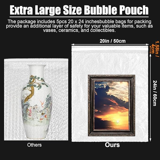5 Pack Self Seal 20 x 24 Inch Bubble Bags Extra Large Clear Bubble Cushioning Pouches for Packing Shockproof Wrap Bag for Shipping Moving Fragile Dishes China Plates Painting Fragile Items