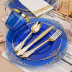 700PCS Clear Blue Plastic Plates for 100 Guests, Disposable Plates with Gold Trim include 100 Dinner plates, 100 Dessert Plates, 100 Gold Silverware, Cups and Napkins for Party, Graduation