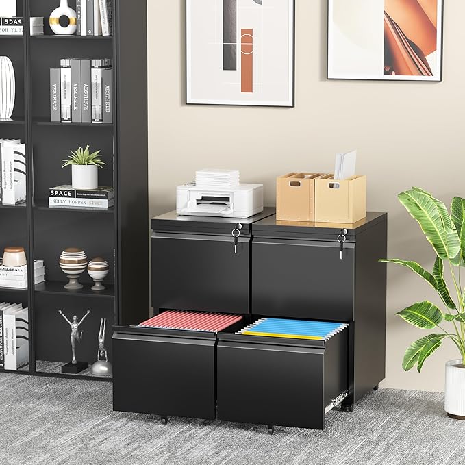 INTERGREAT 2 Drawer File Cabinet, Metal Filling Cabinet with Lock, Locking Office Mobile Cabinets with Wheels for Legal/Letter Size, Under Desk, Black