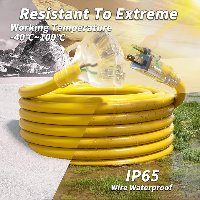 3 FT 12/3 Gauge Outdoor Extension Cord with Multiple Outlets Light Indicator, Flexible 3 Outlet Weatherproof Heavy Duty Extension Cord Waterproof Yellow, 15A 1875W 12AWG SJTW, ETL Listed