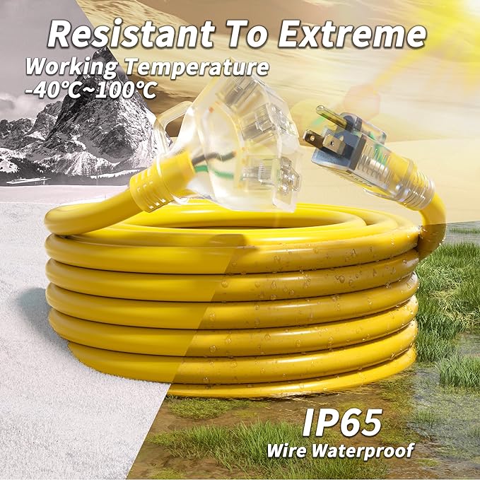 25 FT 10 Gauge Outdoor Extension Cord with Multiple Outlets Light Indicator, Flexible 3 Outlet Weatherproof Heavy Duty Extension Cord Waterproof Yellow, 15A 1875W 10AWG SJTW, ETL Listed