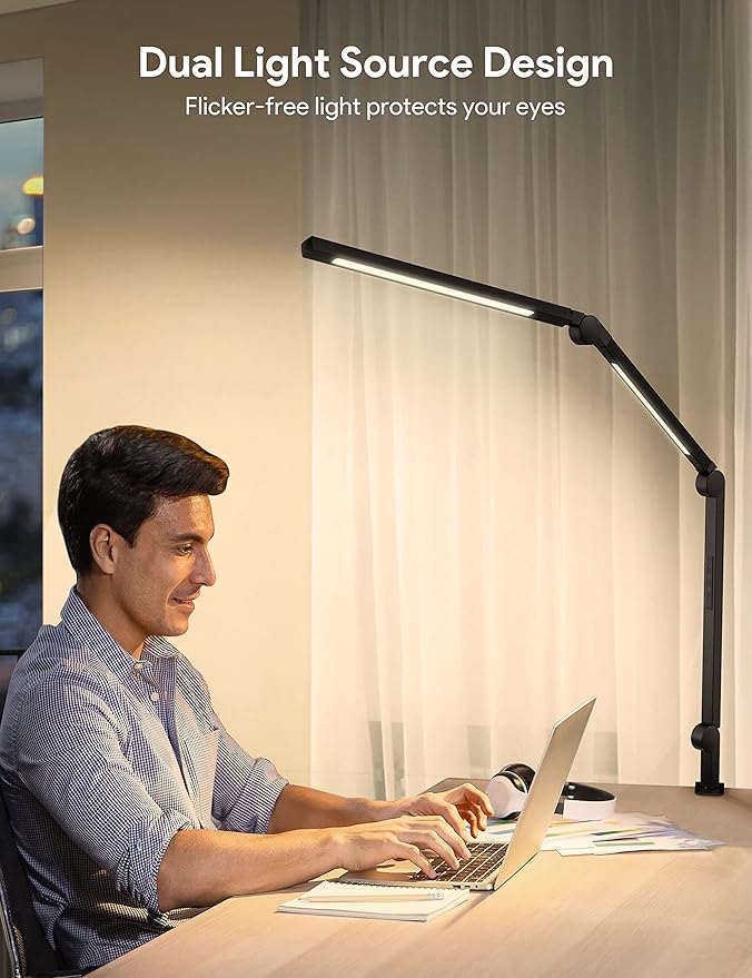MediAcous LED Desk Lamp with Clamp, Dual Light Desk Lamp with Swing Arm, 4 Color Modes & 4 Brightness Metal Table Lamp, Eye-Caring Clip-on Lamp with Memory Function for Home Office Work Study