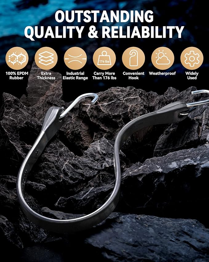 15'' Rubber Bungee Cords Heavy Duty Outdoor with 27" Max Stretch & Over 176 lbs Load, 100% EPDM Black Bungee Straps with Crimped S Hooks for Cargo, Tarps, Truck, Motorcycle, Weatherproof (10 Pack)