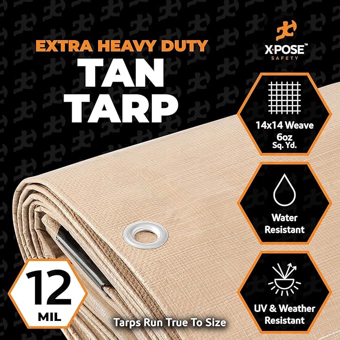 Heavy Duty Tan Poly Tarp 10' X 15' - Bulk Half Pallet (100 Pack) - Multipurpose Protective Cover - Durable, Weather Proof & Tear Resistant - 12 Mil Thick Polyethylene - by Xpose Safety