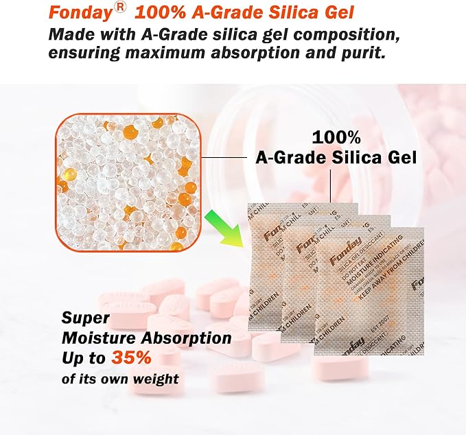 20g x 100 Packs Fonday Rechargeable Silica Gel Desiccant Packets Food Grade Fast Reactivate Desiccant Bags Moisture Indicating Orange to Green for Food Storage, Electronics, 3D Filament & Safes