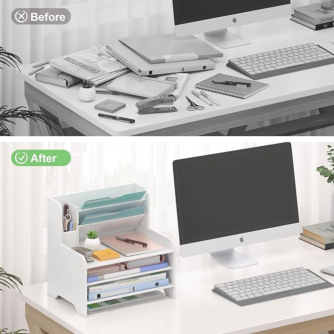 Bamboo Desk Organizer Mail Holder Countertop Letter Tray File Organizer for Desk Letter Sorter Paper File Storage for School Home Office Supplies