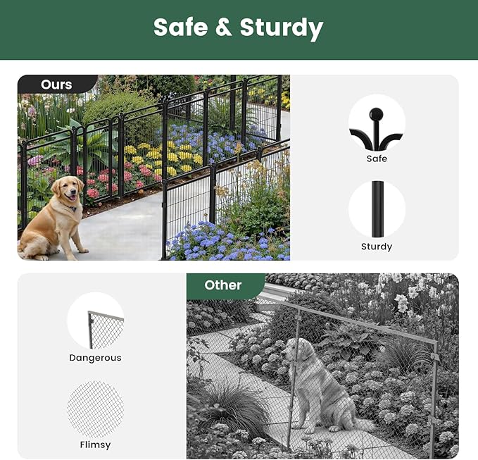 24 in(H) Decorative Garden Fence Outdoor for Yard with Gates,Heavy Duty Iron 16 Panels Total 29.4ft(L) Anti Dig Fence with Gravity Automatic Lock for Indoor/Outdoor Decorative Dog Fence,Black