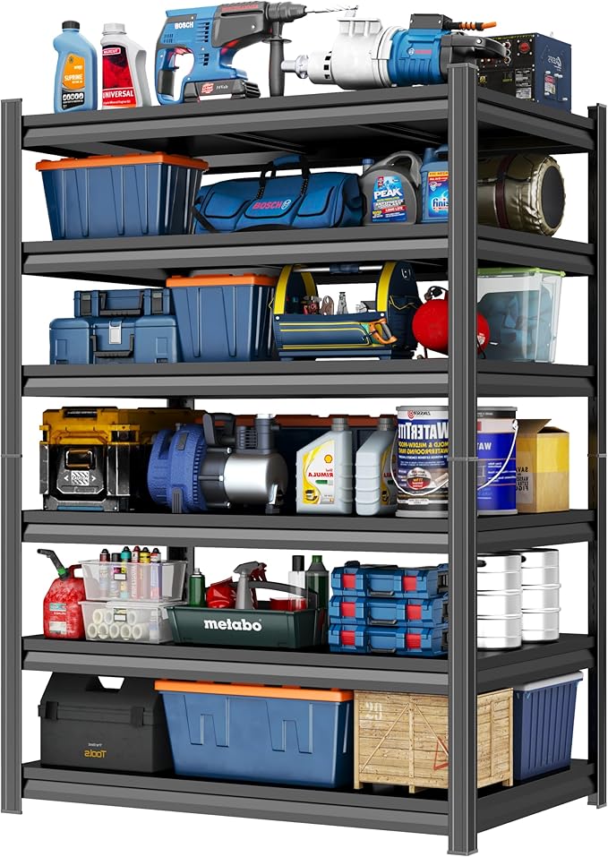 Garage Shelving 3000LBS Metal Storage Shelves Adjustable 6-Tier Shelving Units Garage Storage Shelves Heavy Duty for Basement, Commercial, Warehouse, Industrial, Black