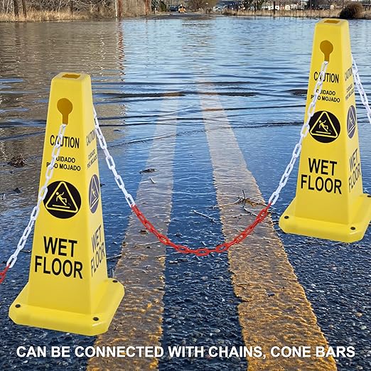 OrangeStar 8-Pack Wet Floor Caution Cones, Yellow Four Sided Bilingual Warning Message Safety Traffic Cones with Heavy Rubber Base for Indoor/Outdoor Use