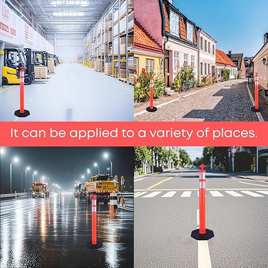 Reflective Rubber Base Traffic Delineator Post - Heavy-Duty Safety Bollards for Parking Lot Markers, Road Construction, Driveway Warning - with Reflective Strips (3 Pack - 42 Inch)