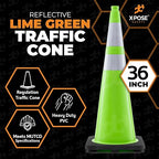 Xpose Safety 36” Lime Green Traffic Cone Dual 6" & 4" Reflective Collar – 12 Pack Multipurpose Premium PVC Safety Cone for Parking, Caution, Construction, Road Crews, Emergency Vehicle - DOT Approved