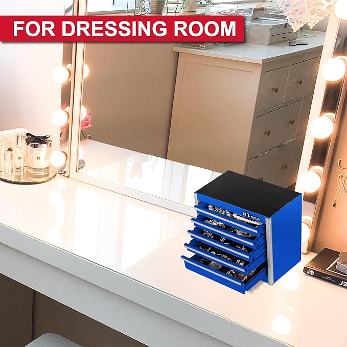 P.I.T. Mini Blue Tool Box, Portable 5-Drawer Micro Roll Cab Steel Stackable Tool Box with Liner, Blue Small Tool Case for Tools Storage and Organizers, Home DIY