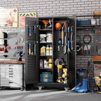 SUXXAN Broom Closet with Wheels 71"x 31.5"x15.75", Metal Cleaning Cabinets with Louvered Doors Hooks and Hanging Rods, Lockable Cabinet with Pegboard, Adjustable Shelf,for Garage, Laundry Room