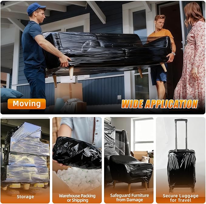 Black Stretch Film Shrink Wrap for Moving Supplies (15inch, 1 Pack) x 1000ft, Industrial Strength Plastic Wrap Stretch Roll for Pallet Wrapping Shipping Moving Boxes Storage Furniture with Handles