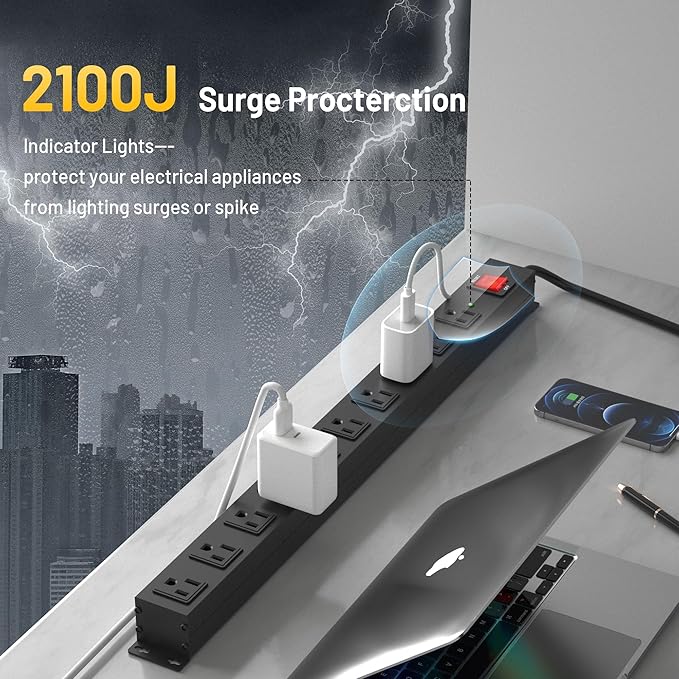 KF 10 Outlet Heavy Duty Power Strip with Surge Protector 2100J,15A/1875W Wall Mount Design, 8FT Extension Cord & Safety Switch for Home Office, Workshop, Gaming Setup, Studio - Black