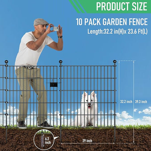 10 Panels Garden Fence Dog Fence Outdoor for Yard,32in H x 23.6ft L Rustproof Metal Fencing with Ground Stakes|No Dig Temporary Animal Proof Containment for Pets/Rabbits|Durable Patio Security Panels