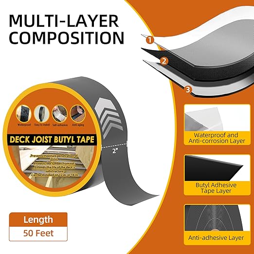 Butyl Joist Tape for Decking 2''×50', 10 Rolls Weather-Resistant Deck Joist Tape 2 inch, Waterproof and Anti-Corrosion Joists Deck Tape,Self-Adhesive Flashing Joists Tape for Wood Decks Beams Roof
