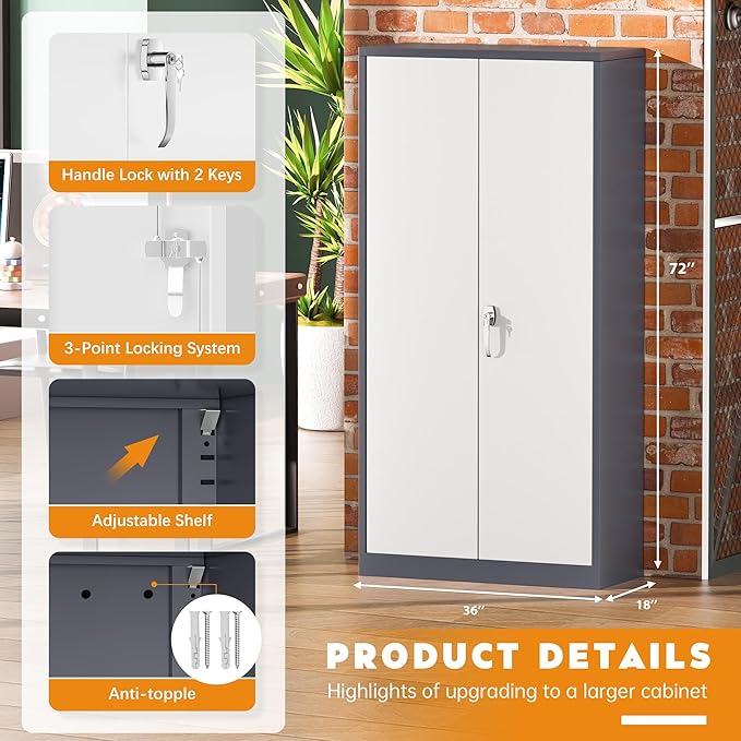 Greenvelly Metal Storage Cabinet with 2 Doors and 4 Adjustable Shelves,72" Locking Metal Garage Cabinet, Steel Tool Cabinets, Lockable Filling Cabinet for Home, Office, Garage, School(36" W x 18" D)
