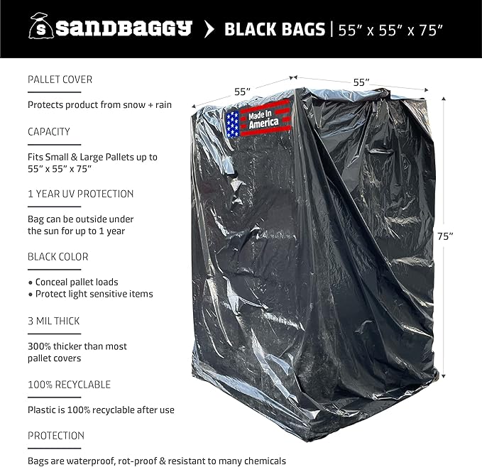 Sandbaggy Black Pallet Covers | Made in USA | Tarp Fits Large Pallets Up to 55" x 55" x 75" | Built w/ 1 Year UV Protection | Heavy Duty 3 Mil Thick Plastic (Pack of 100, 3 Mil Thick)