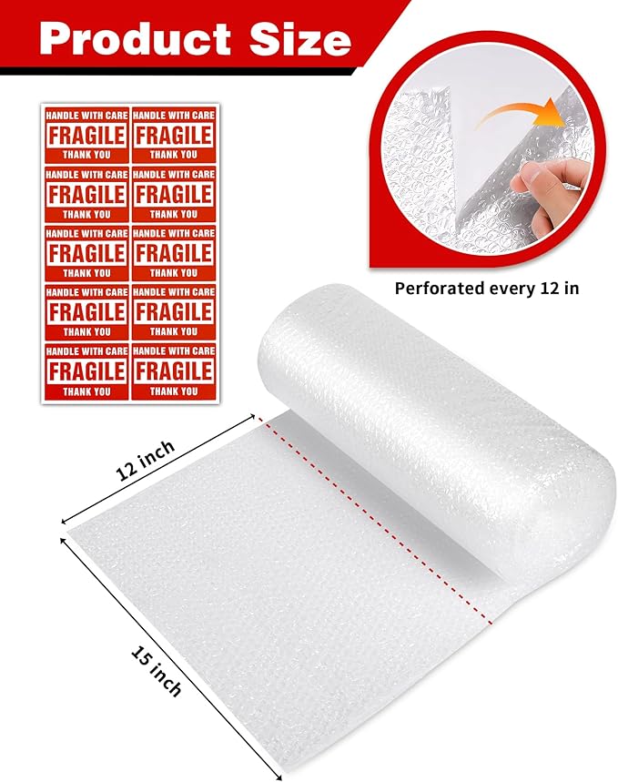 2-Pack Bubble Cushioning Wrap Rolls, 3/16" x 15" x 72' ft Total [2 Rolls of 36 Feet], Perforated 12" 20 Fragile Stickers for Shipping, Packaging, Mailing
