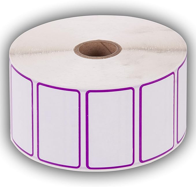 2.25" X 1.25" Direct Thermal Perforated Stickers Labels for Barcodes, Address, Consignment - Compatible with Zebra, Rollo, Godex and More (Purple Border, 6 Rolls)