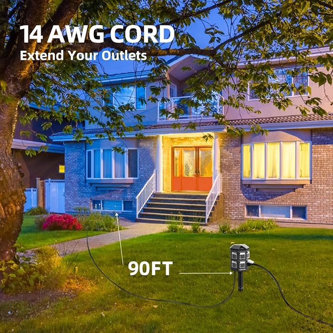 TiFFCOFiO Outdoor Power Strip with Stake Waterproof, 90 FT Extension Cord, 6 Grounded Outlets for Outdoor Lights, 14 AWG, 15A/1875W, ETL Listed