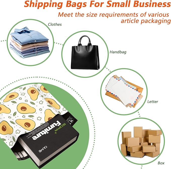 Poly Mailers 12x15.5 Inch 50 Pcs - Avocado printed Shipping Bags, 2.4mil Thickness, Waterproof and Tear Resistant Mailing Envelopes, Self-Sealing Packaging Bags for Small Business