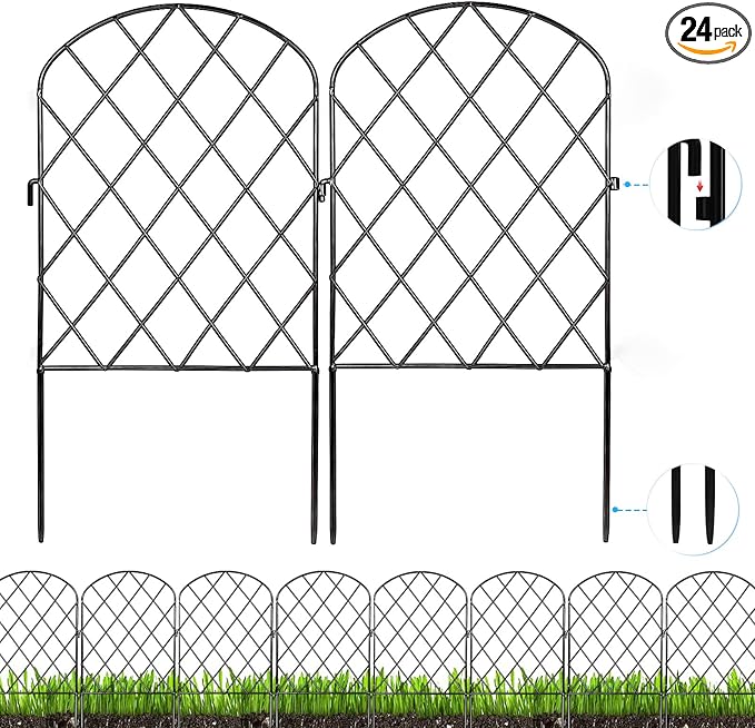 Decorative Garden Fence 24 Pack,24 Ft (L) X 24 in (H) Black Mesh Rustproof Metal Fence, Animal Barrier Fence for Small Dog, Border Folding Patio Fences,Outdoor Flower Bed Landscape Decor