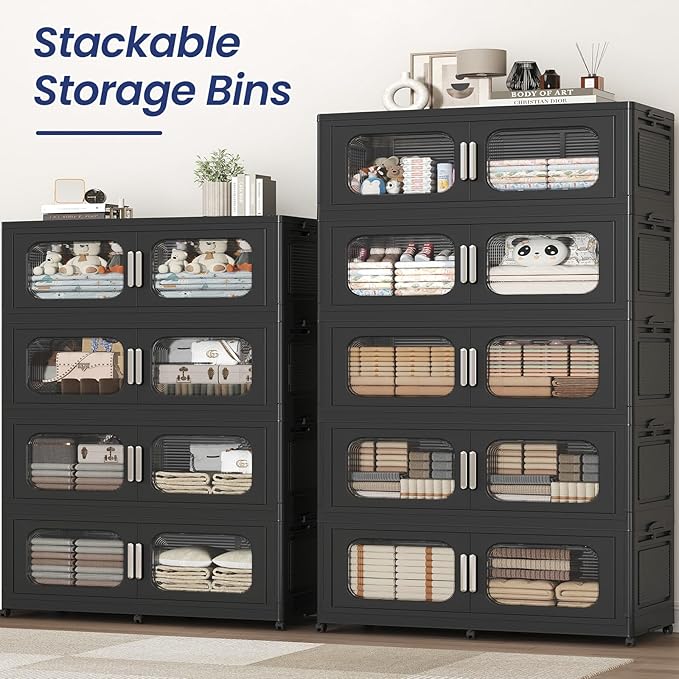 150Gal Exra Large Stackable Storage Bins with Lid, 600QT Collapsible Storage Box with 6x Wheels, Folding Plastic Cabinet Container with Door Drawer for Home Kitchen Office Dorm, 3Pack Black