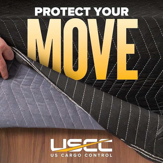US Cargo Control Moving Blankets 72"x80" 216-Pack, (65 lbs/doz Weight), Heavy Duty Packing Blankets for Moving Furniture, Shipping, and Storage, Black Quilted Furniture Pads, MBDELUXE Econo Deluxe