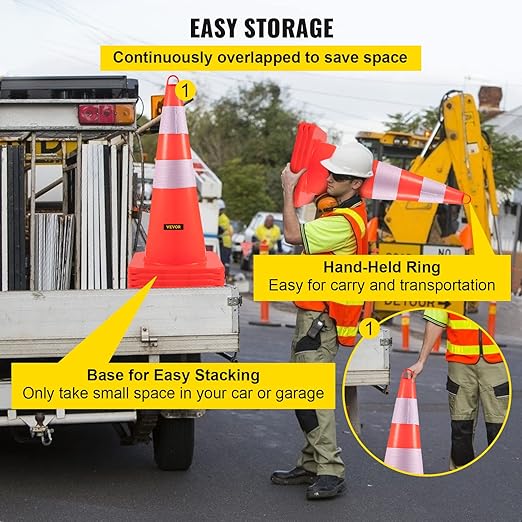 VEVOR Safety Cones, 12 x 28" Traffic Cones, PVC Orange Construction Cones, 2 Reflective Collars Traffic Cones with Weighted Base and Hand-Held Ring Used for Traffic Control, Driveway Road Parking