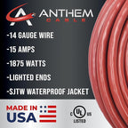 50 ft - 14 Gauge Extension Cord Outdoor - Made in USA - Lighted on Both Ends - Red Outdoor Extension_Cord Waterproof by Anthem Cable - Heavy Duty ExtensionCord 50 ft 15 Amp Extension