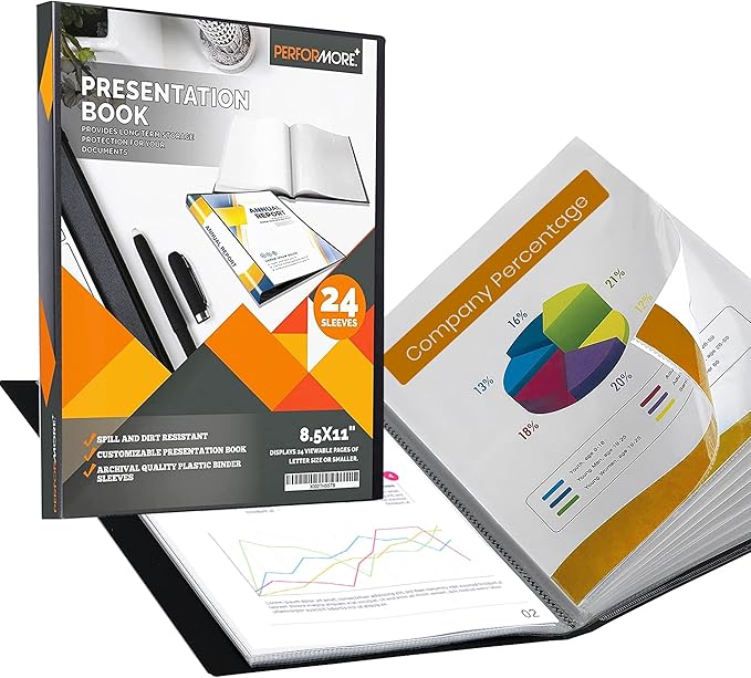 Performore 24-Pocket Presentation Book Folder | 8.5" x 11" Plastic Display Binder with Spill-Proof Clear Sleeves | Archival Acid-Free Portfolio for Certificates, Reports, and Documents (Black)
