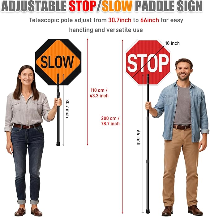 Stop Slow Sign with 66" Adjustable Handle, 18x18 Inch Double Sided Reflective Traffic Stop/Slow Paddle Sign with Telescopic Handle, Lightweight Construction Aluminum Traffic Signs for Road Safety