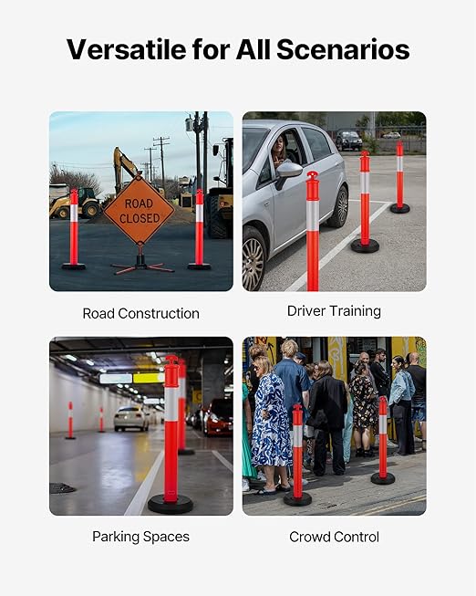 VEVOR 3 Pack Traffic Delineator Posts, 48 inches Traffic Safety Cones with Fillable Base and Reflective Strips, Heavy Duty Delineator Posts for Construction Site, Parking Lot, Crowd Control, Red