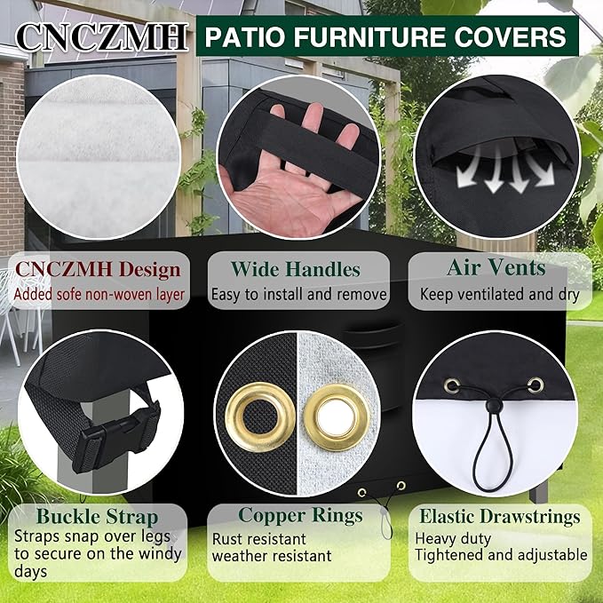 Square Heavy Duty Patio Table Covers Waterproof, 600D Outdoor Dining Table and Chair Set Covers, Outdoor Furniture Cover Waterproof for Sectional Sofa Couch 98''L x 98''W x 32''H, Black