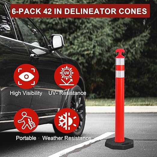 OrangeStar 42" Traffic Delineator Posts, 6 Pcs Orange Delineator Cones with Heavy Duty Rubber Base for Road Safety, Parking Lots