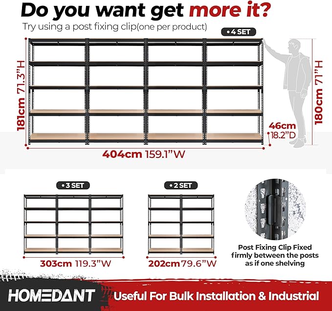 HOMEDANT 5-Tier Laminated Boltless Heavy Duty Metal Shelving Unit Adjustable Garage Storage Utility Rack Shelves Organization Multipurpose Shelf Warehouse Industrial (2, (L) 39.8" W, Black)